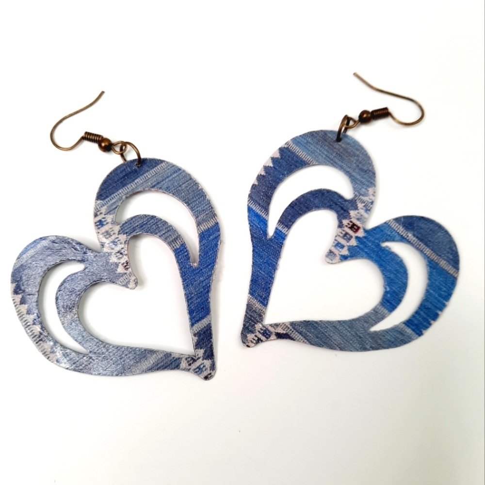 Hand Crafted Denim look papercraft heart shape earrings